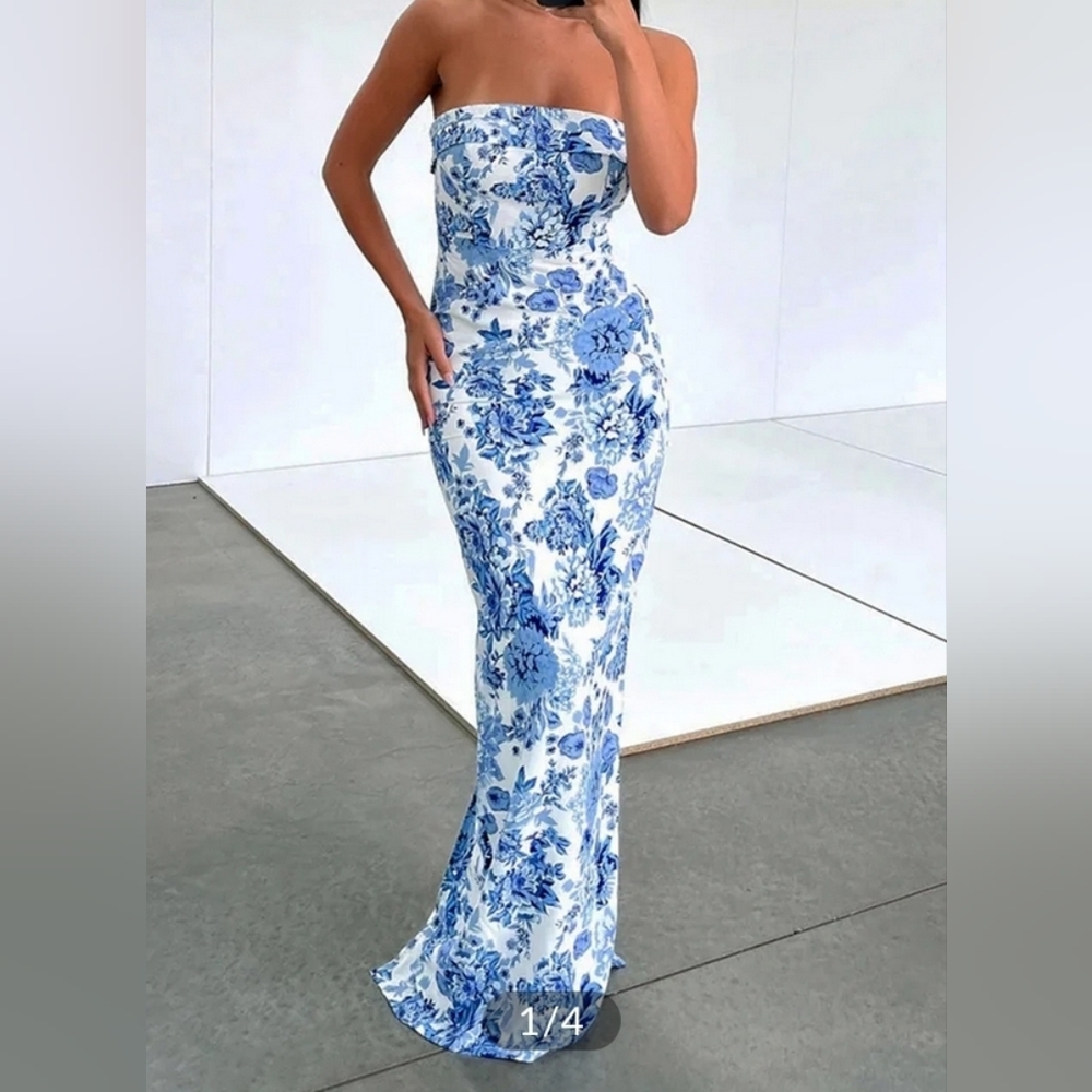 Floral Blue Strapless Maxi Dress